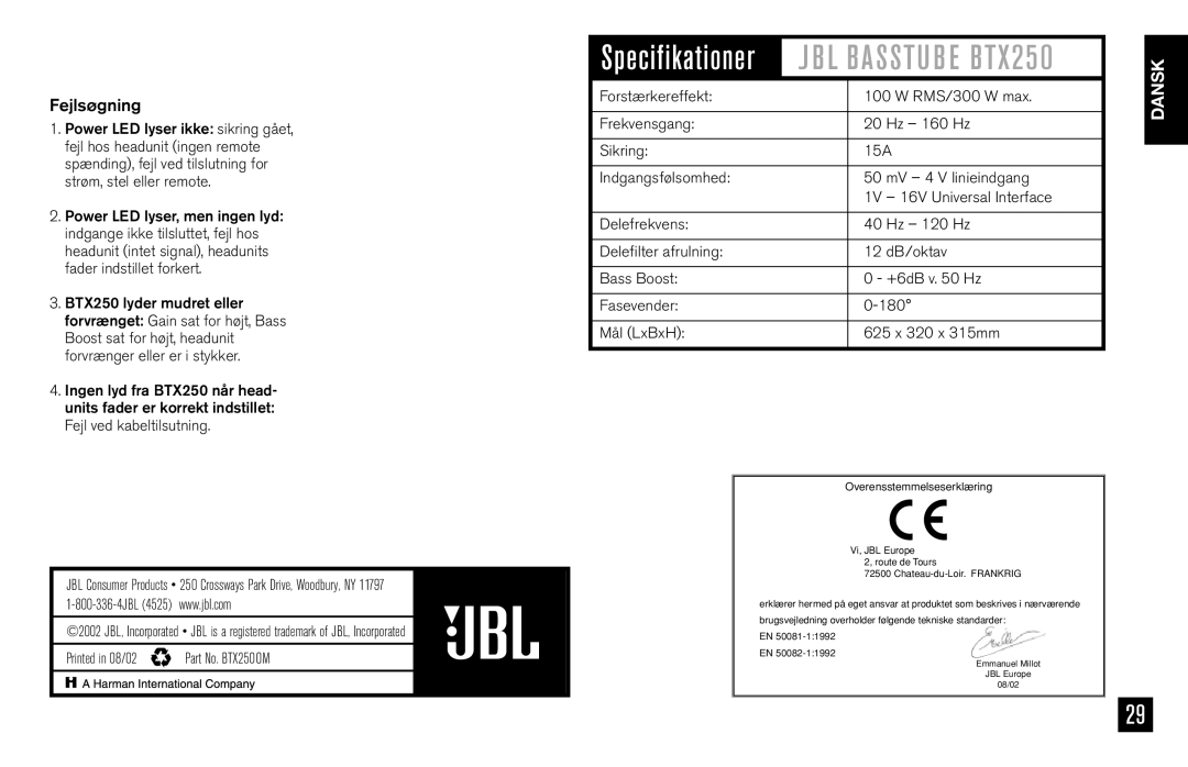 JBL BTX250 owner manual Fejlsøgning, Overensstemmelseserklæring 