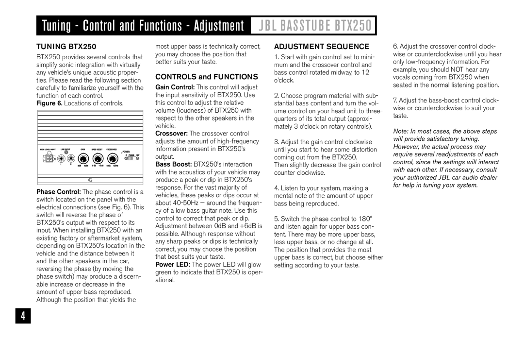 JBL owner manual Tuning BTX250, Controls and Functions, Adjustment Sequence 
