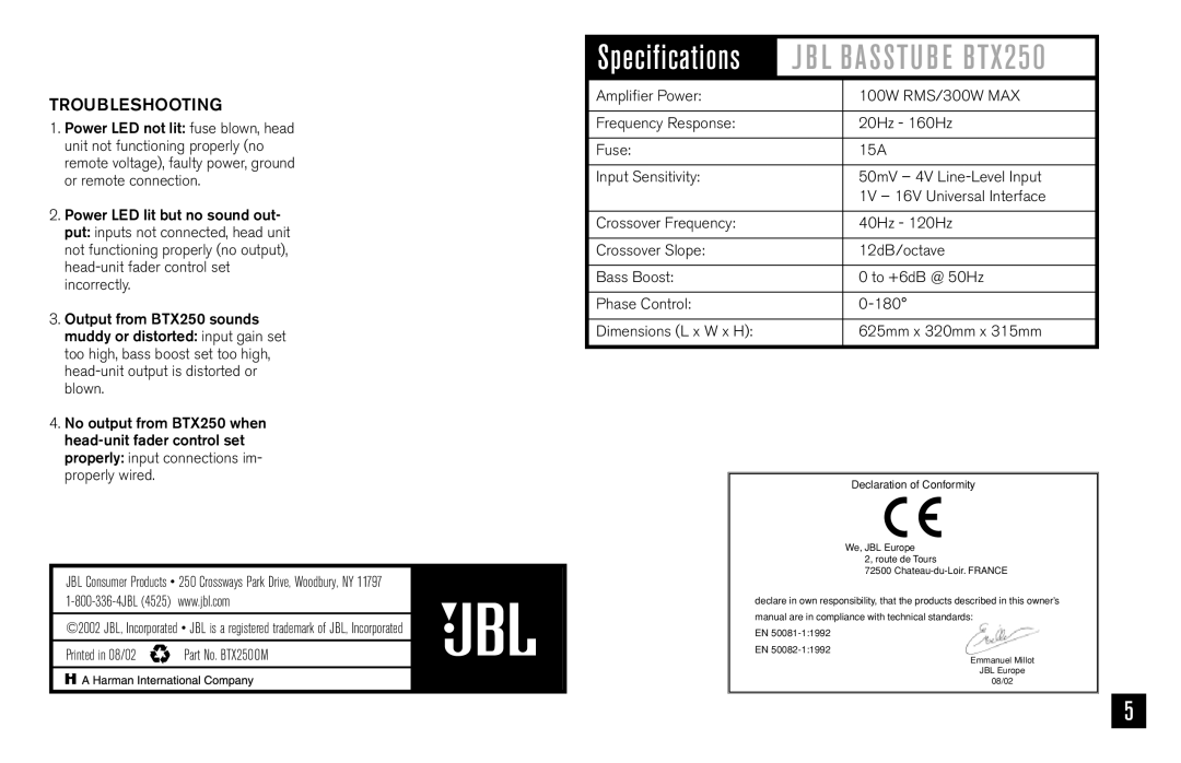 JBL BTX250 owner manual Troubleshooting, Declaration of Conformity 