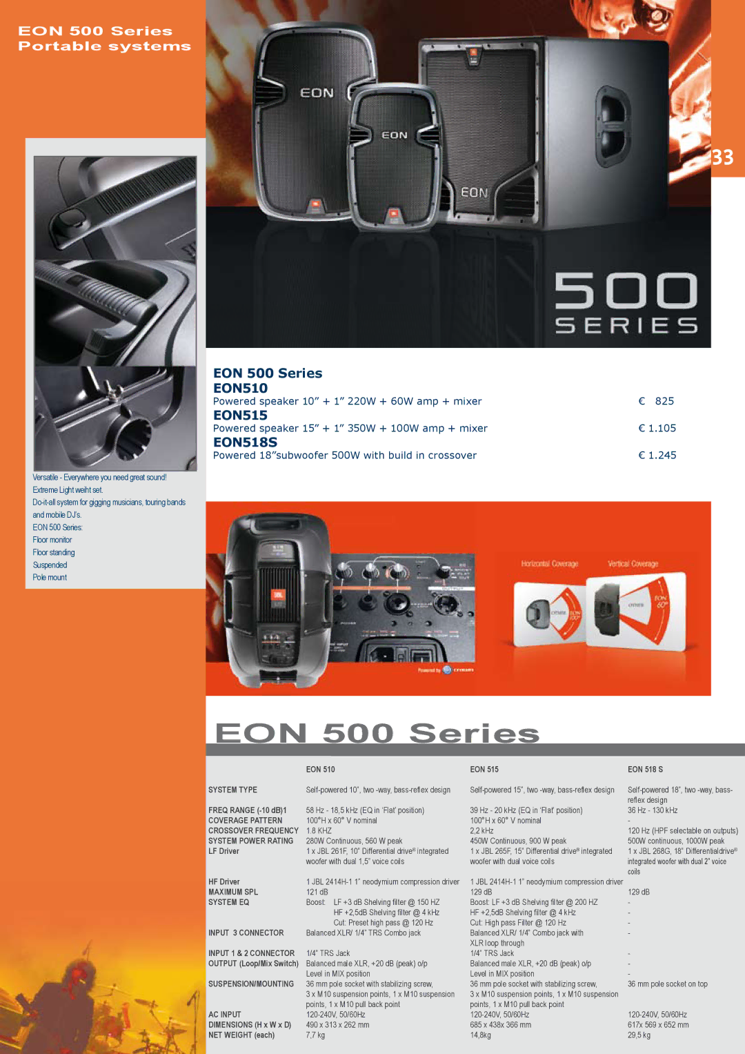 JBL C414B-XLII/ST, C414B-XLS/ST, C414B-XLII+H85 manual EON 500 Series, EON518S 