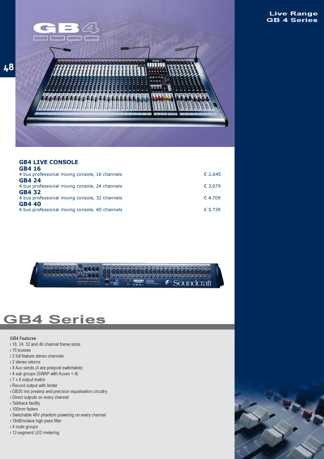 JBL C414B-XLII/ST, C414B-XLS/ST, C414B-XLII+H85 manual GB4 Series, GB4 Live Console, GB4 Features 