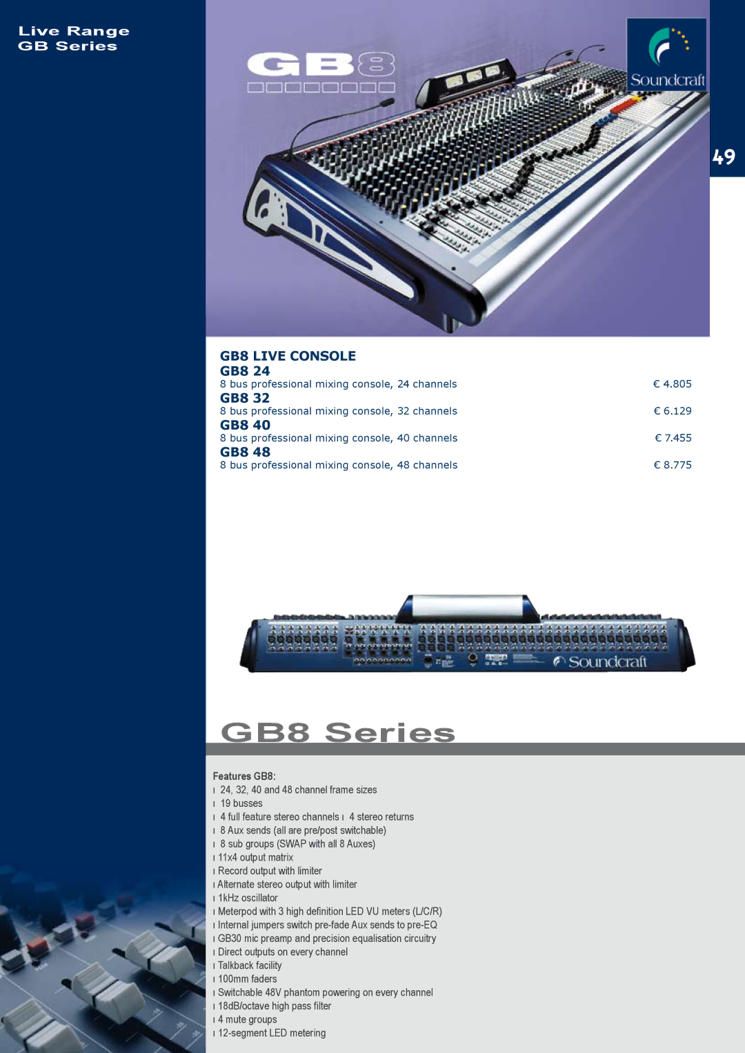 JBL C414B-XLII/ST, C414B-XLS/ST, C414B-XLII+H85 manual GB8 Series, GB8 Live Console, Features GB8 