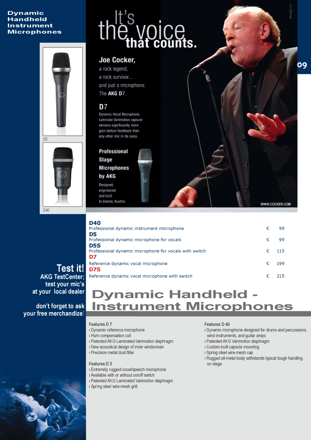 JBL C414B-XLII/ST, C414B-XLS/ST, C414B-XLII+H85 manual Dynamic Handheld Instrument Microphones, D5S, Features D 