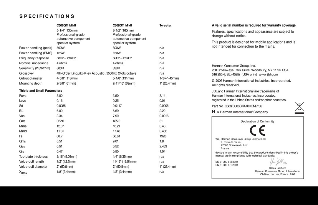 JBL owner manual Specifications, C508GTi MkII C608GTi MkII Tweeter 