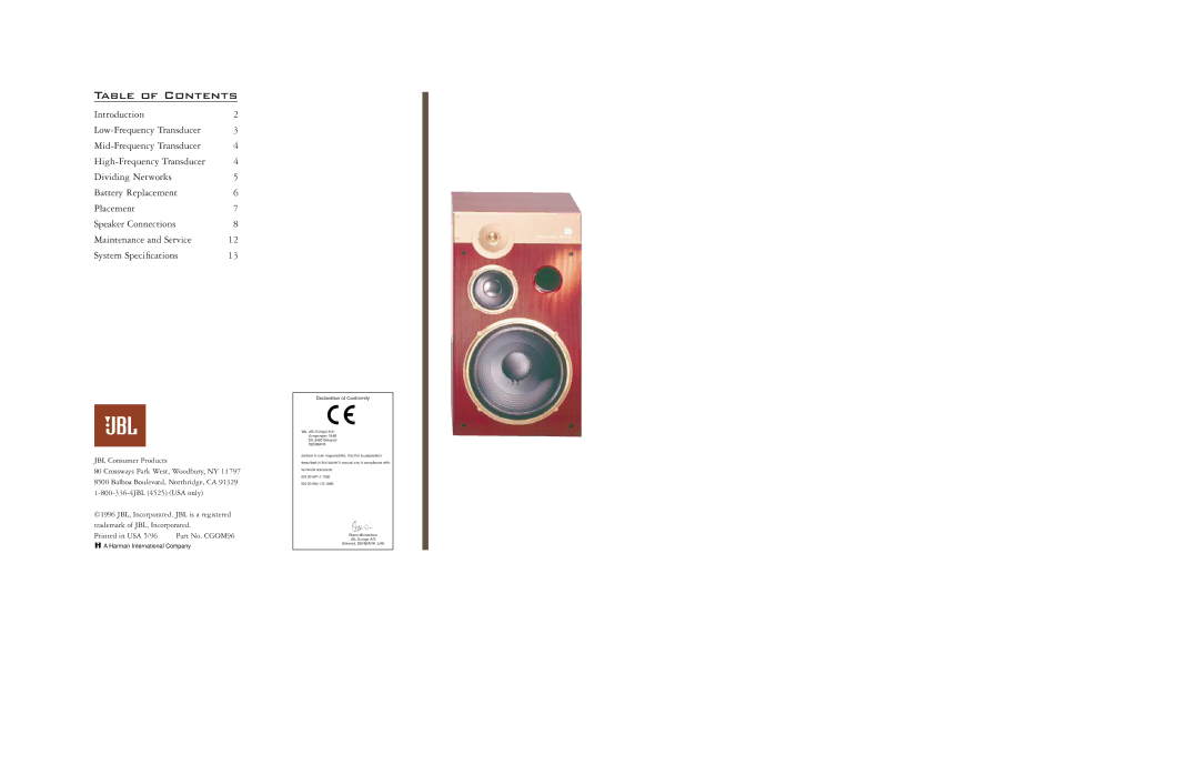 JBL Century Gold manual Table of Contents 