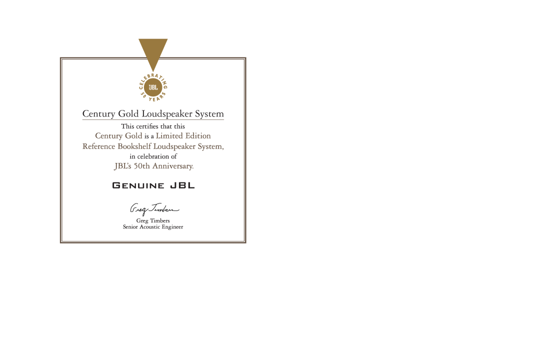 JBL manual Genuine JBL, Century Gold Loudspeaker System, Century Gold is a Limited Edition, JBL’s 50th Anniversary 