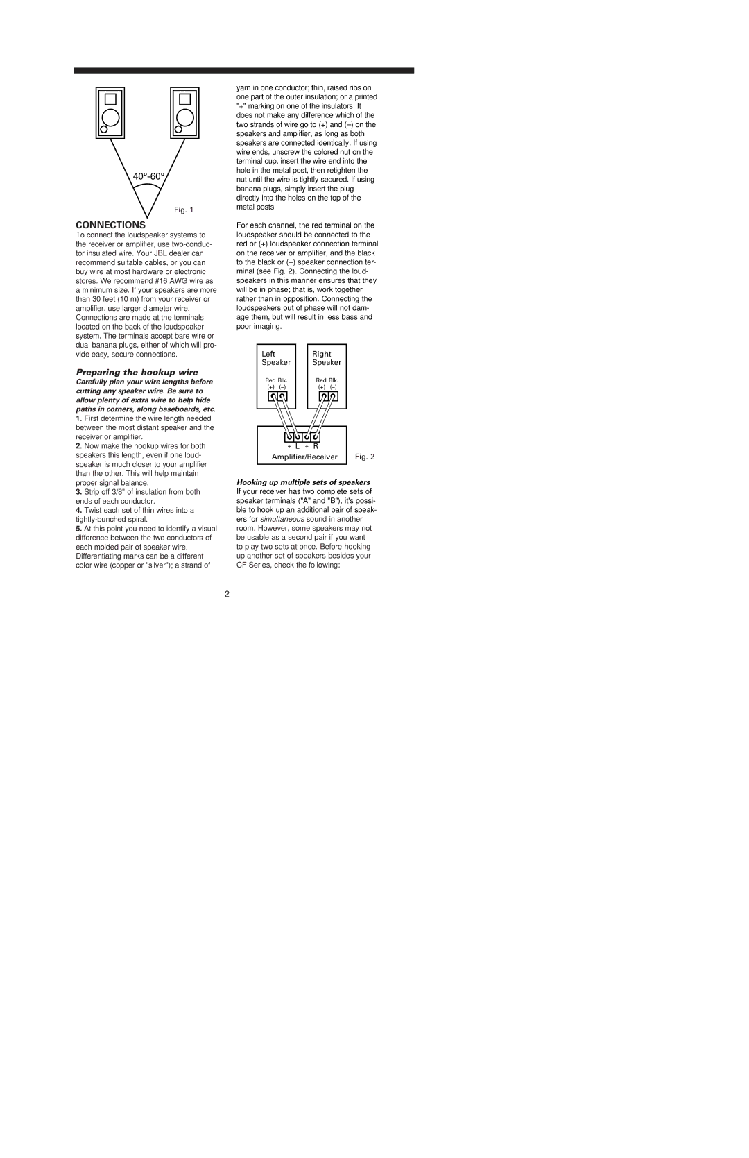 JBL CFSERIES owner manual Connections, Preparing the hookup wire 