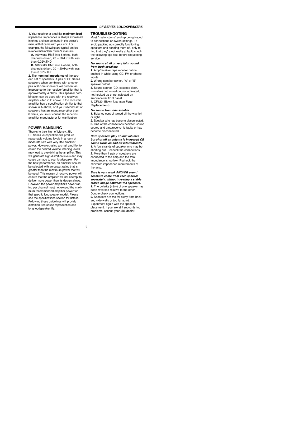 JBL CFSERIES owner manual Power Handling, Troubleshooting 