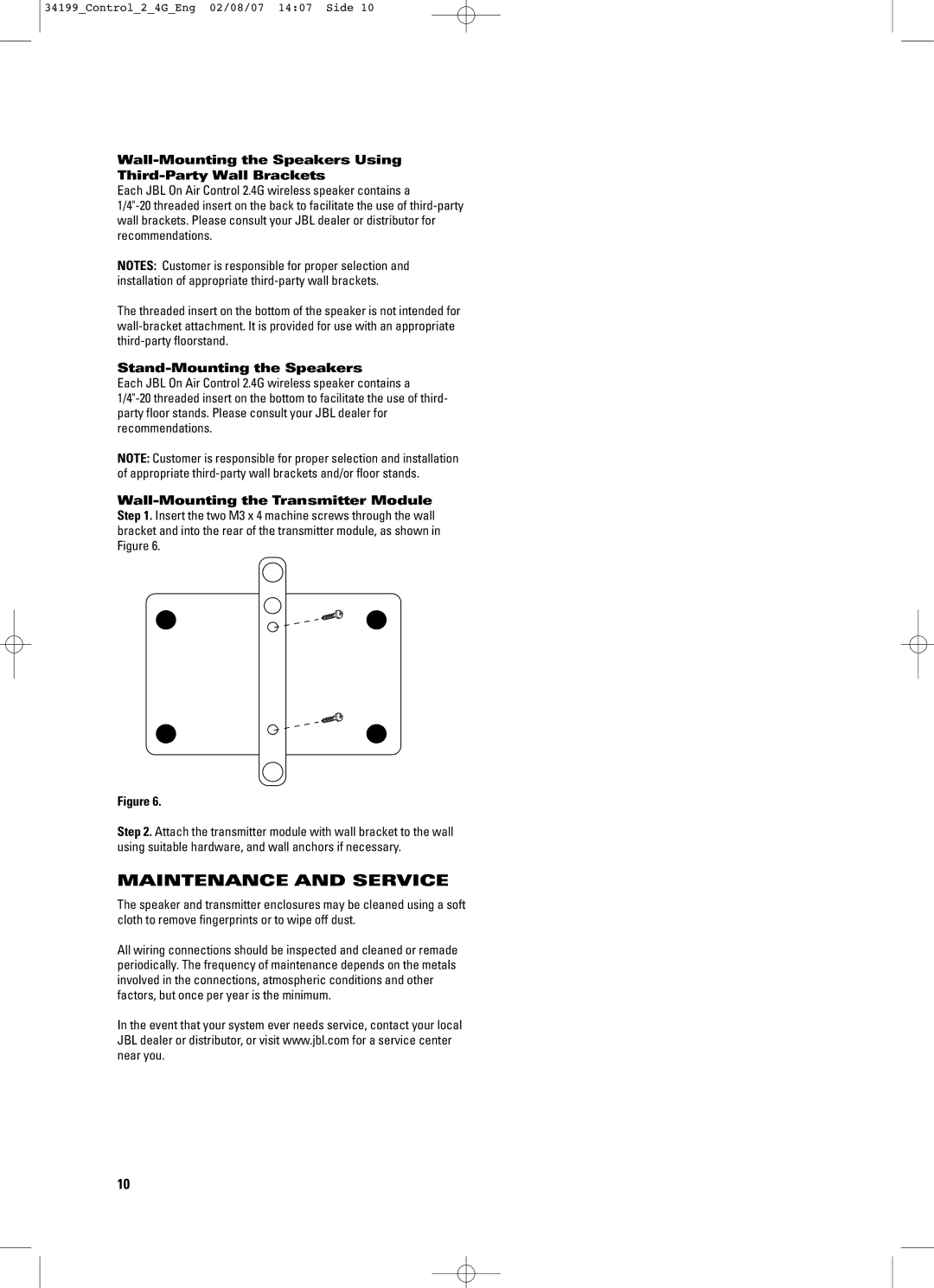 JBL CONTROL 2.4G manual Maintenance and Service, Wall-Mounting the Speakers Using Third-Party Wall Brackets 