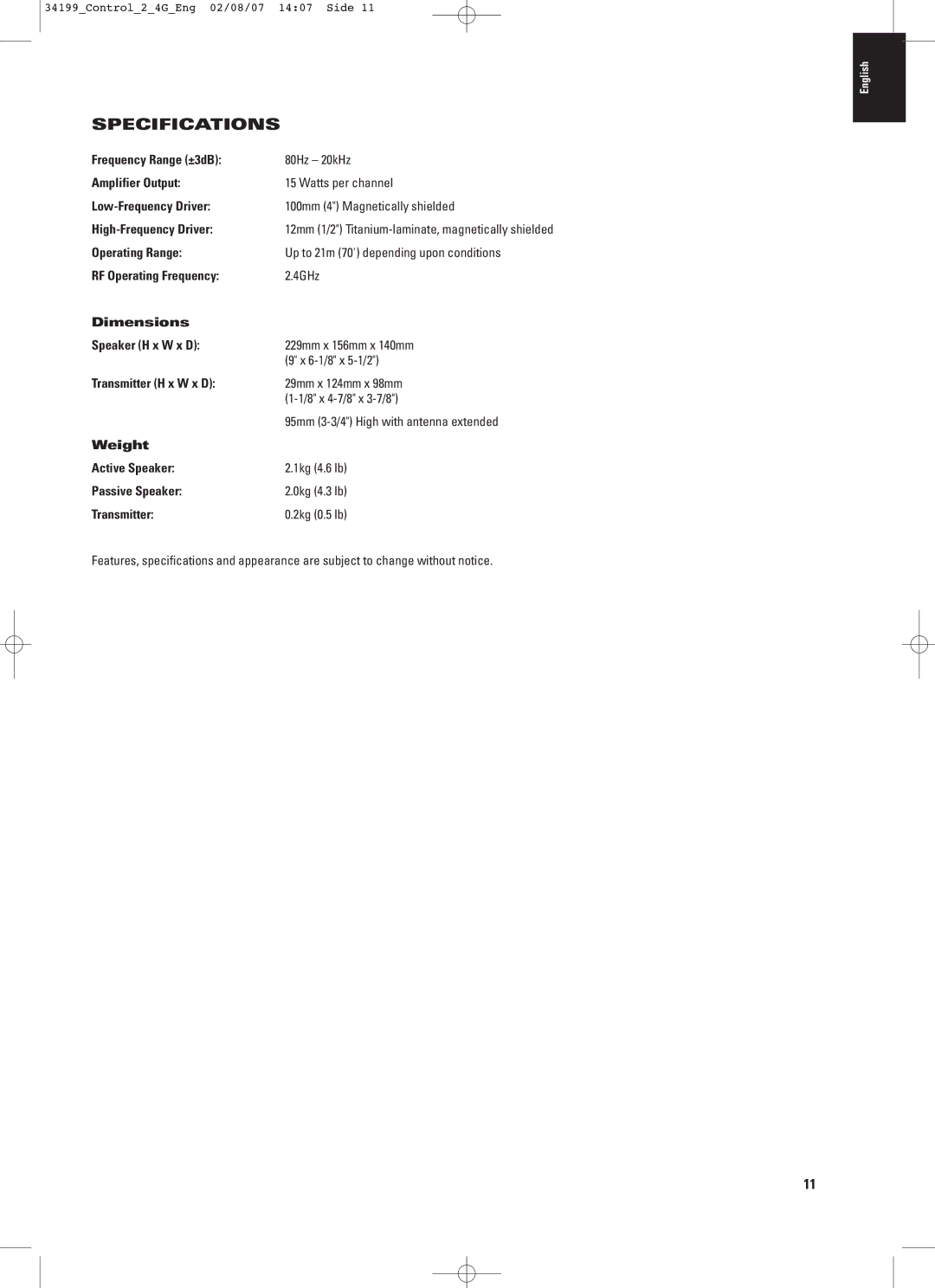 JBL CONTROL 2.4G manual Specifications 