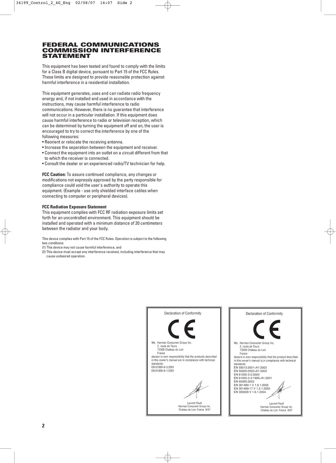 JBL CONTROL 2.4G manual Federal Communications Commission Interference Statement, FCC Radiation Exposure Statement 