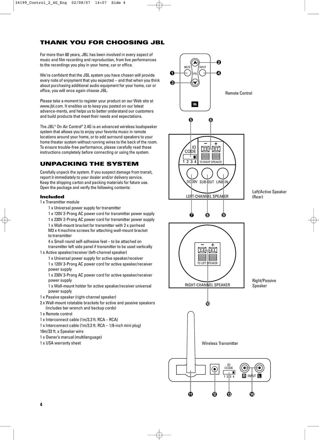 JBL CONTROL 2.4G manual Thank YOU for Choosing JBL, Unpacking the System, Included 