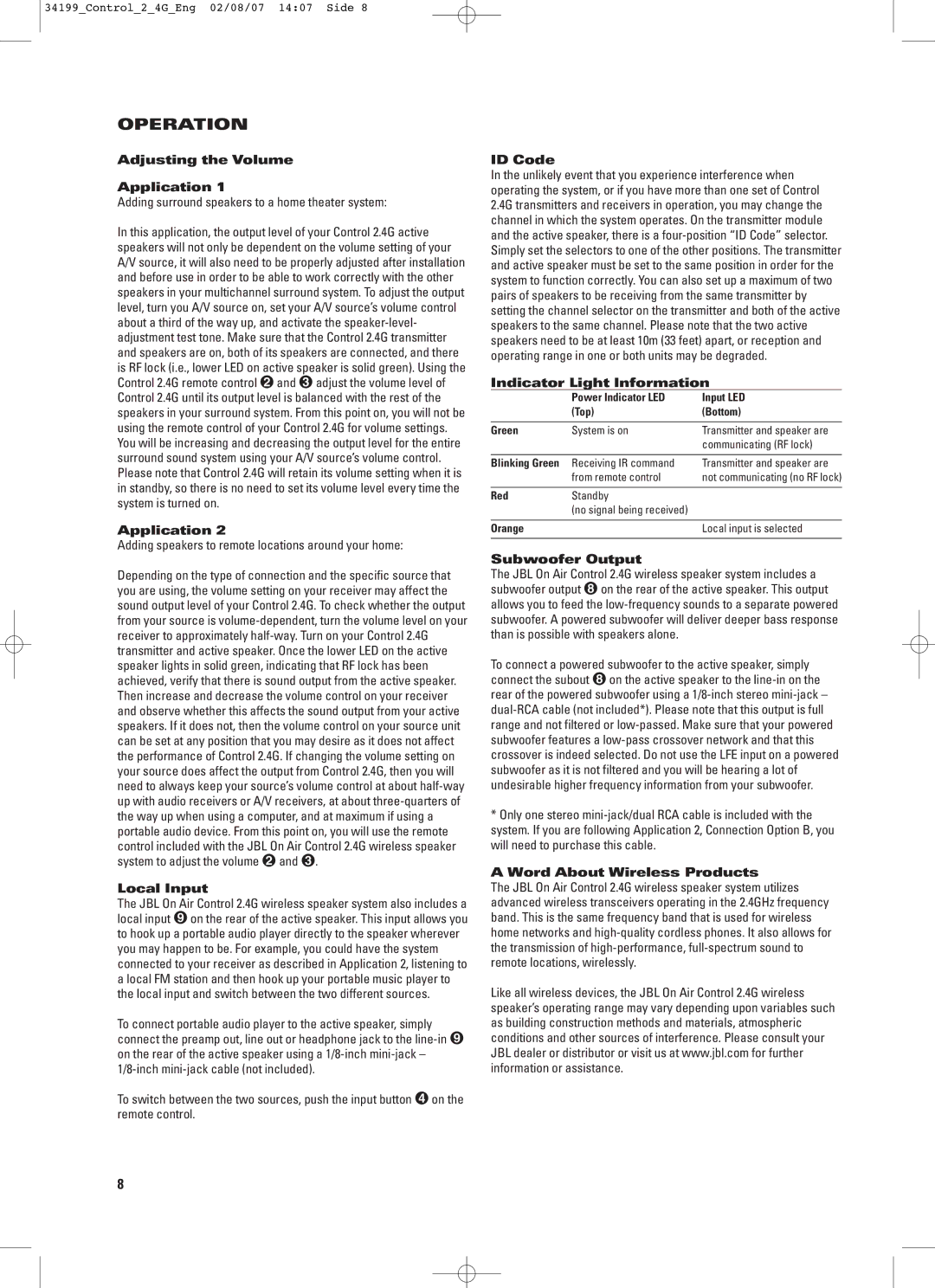 JBL CONTROL 2.4G manual Operation 