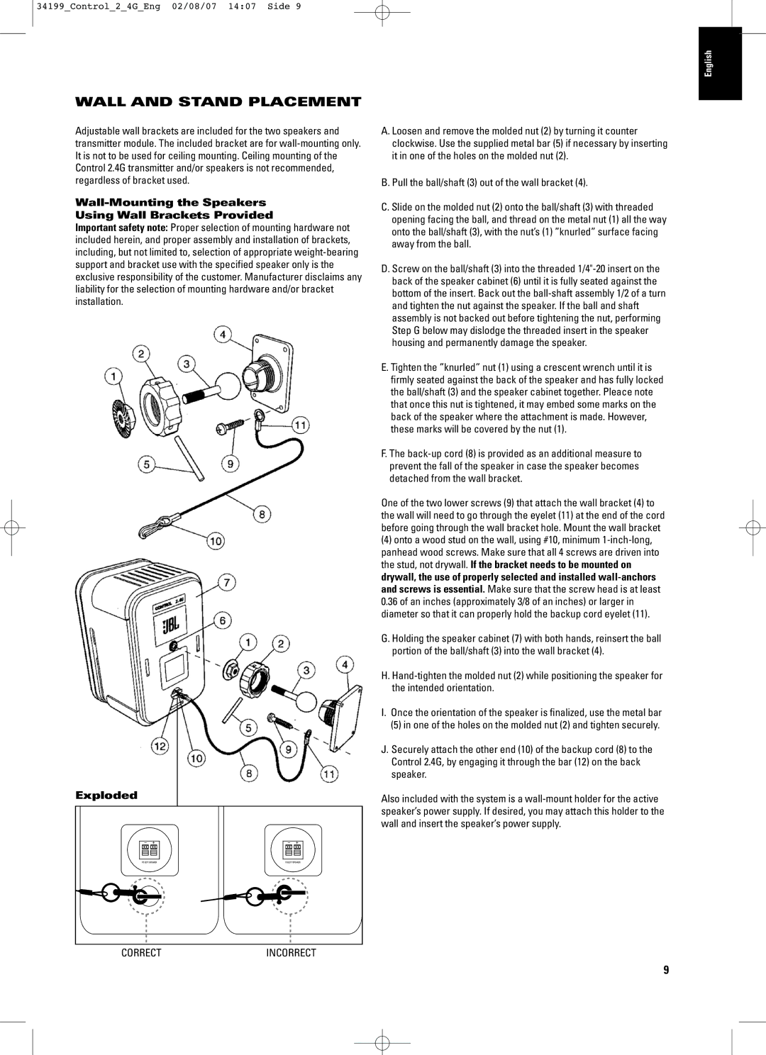 JBL CONTROL 2.4G manual Wall and Stand Placement, Wall-Mounting the Speakers Using Wall Brackets Provided, Exploded 