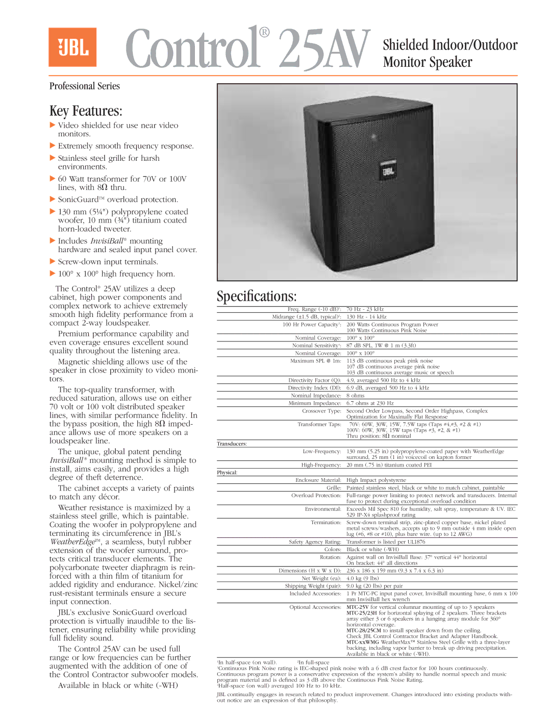 JBL CONTROL-25AV-WH specifications Monitor Speaker, Key Features, Speciﬁcations 