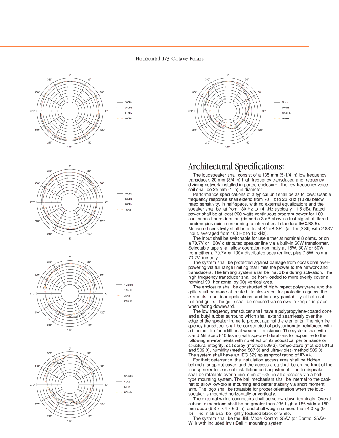 JBL CONTROL-25AV-WH specifications Architectural Speciﬁcations 