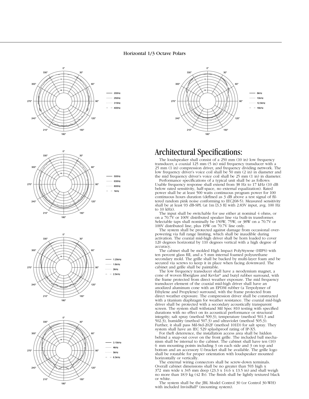 JBL Control 30 specifications Architectural Speciﬁcations 