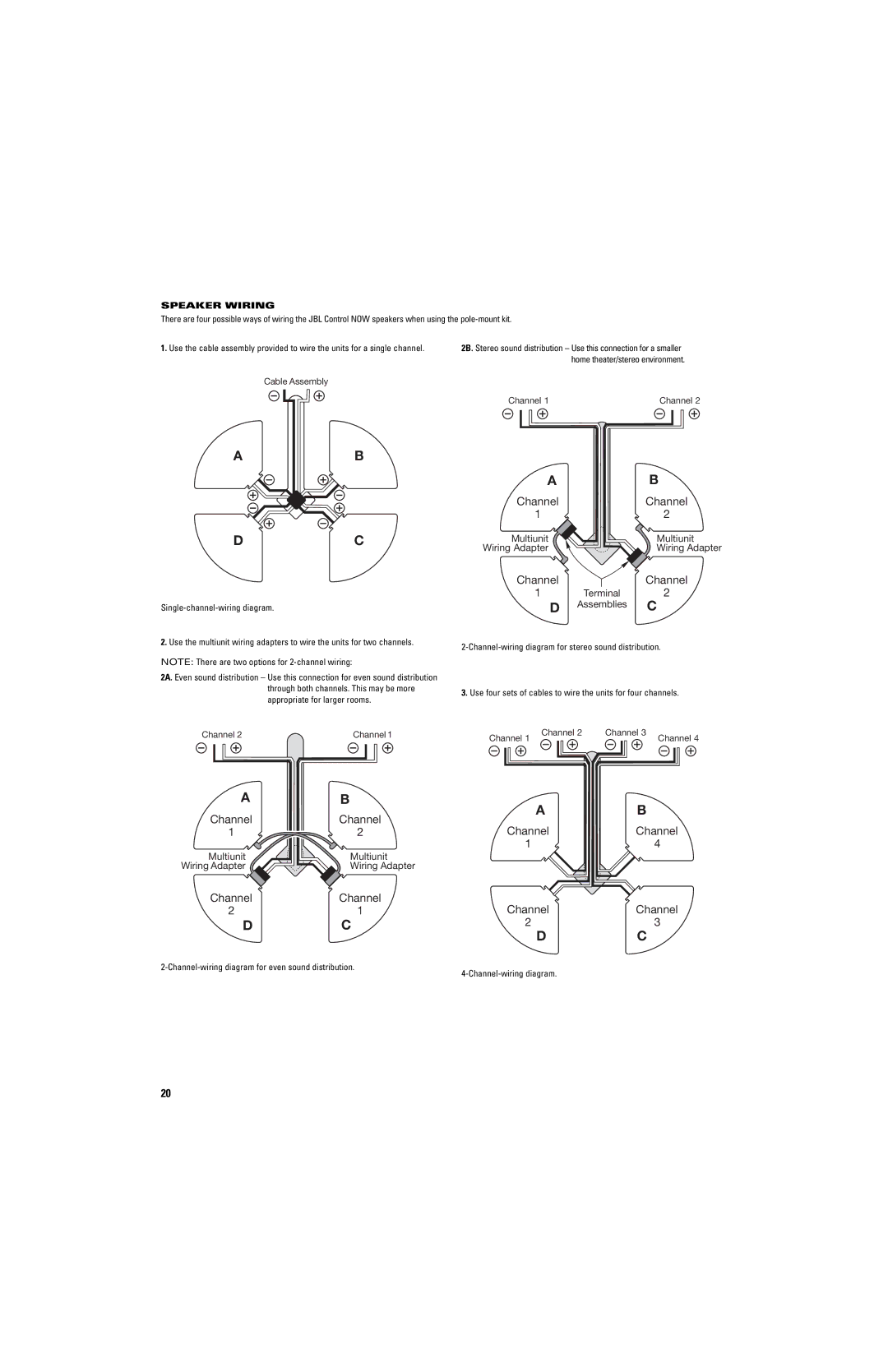 JBL CONTROL NOW AW manual Speaker Wiring, Cable Assembly, Channel, Wiring Adapter, Terminal Assemblies 