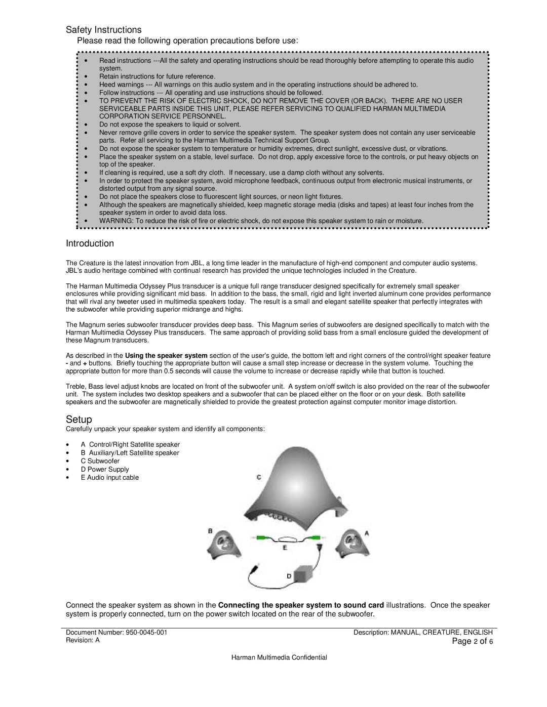 JBL CREATURE SELF POWERED SATELLITE SPEAKERS AND SUBWOOFER manual Setup, Safety Instructions 