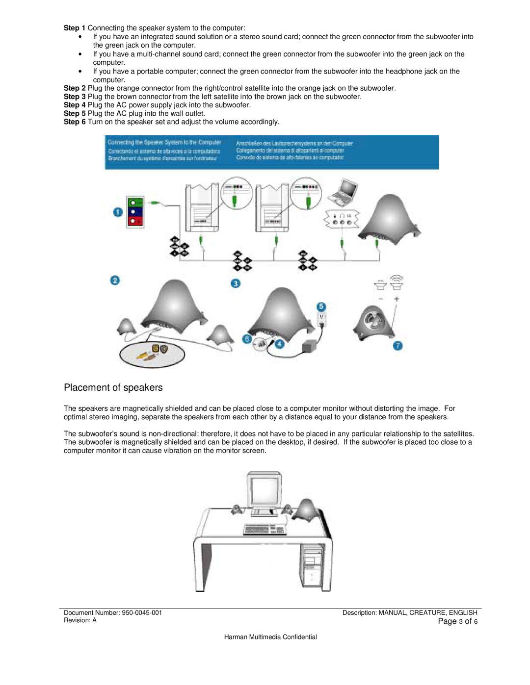 JBL CREATURE SELF POWERED SATELLITE SPEAKERS AND SUBWOOFER manual Placement of speakers 