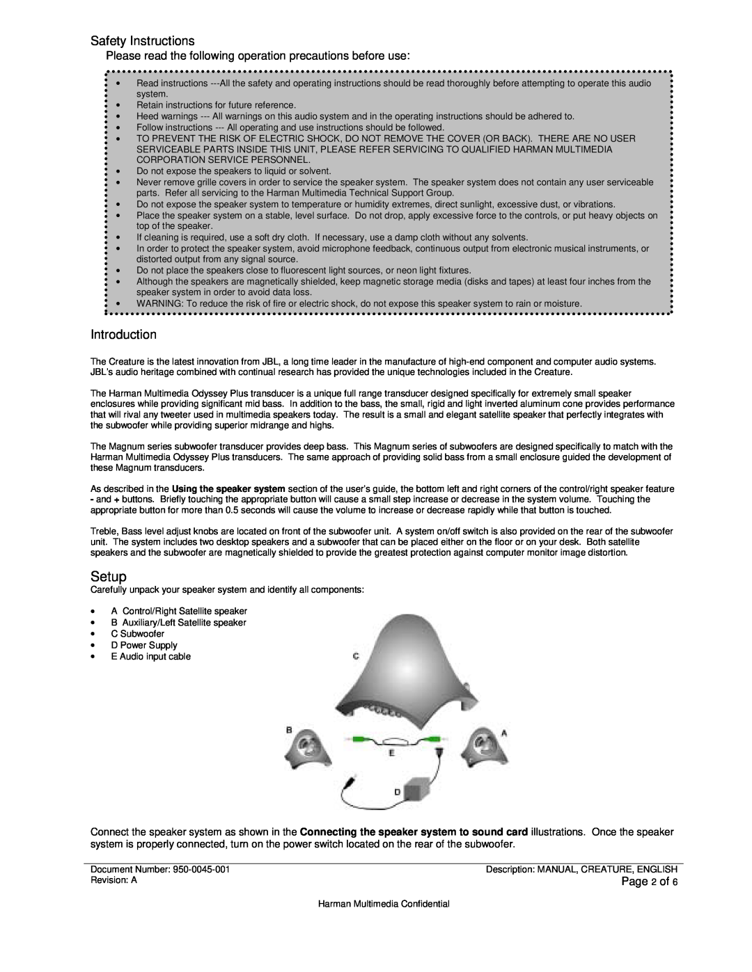 JBL CREATURE SELF POWERED SATELLITE SPEAKERS AND SUBWOOFER manual Setup, Page 2 of, Safety Instructions, Introduction 