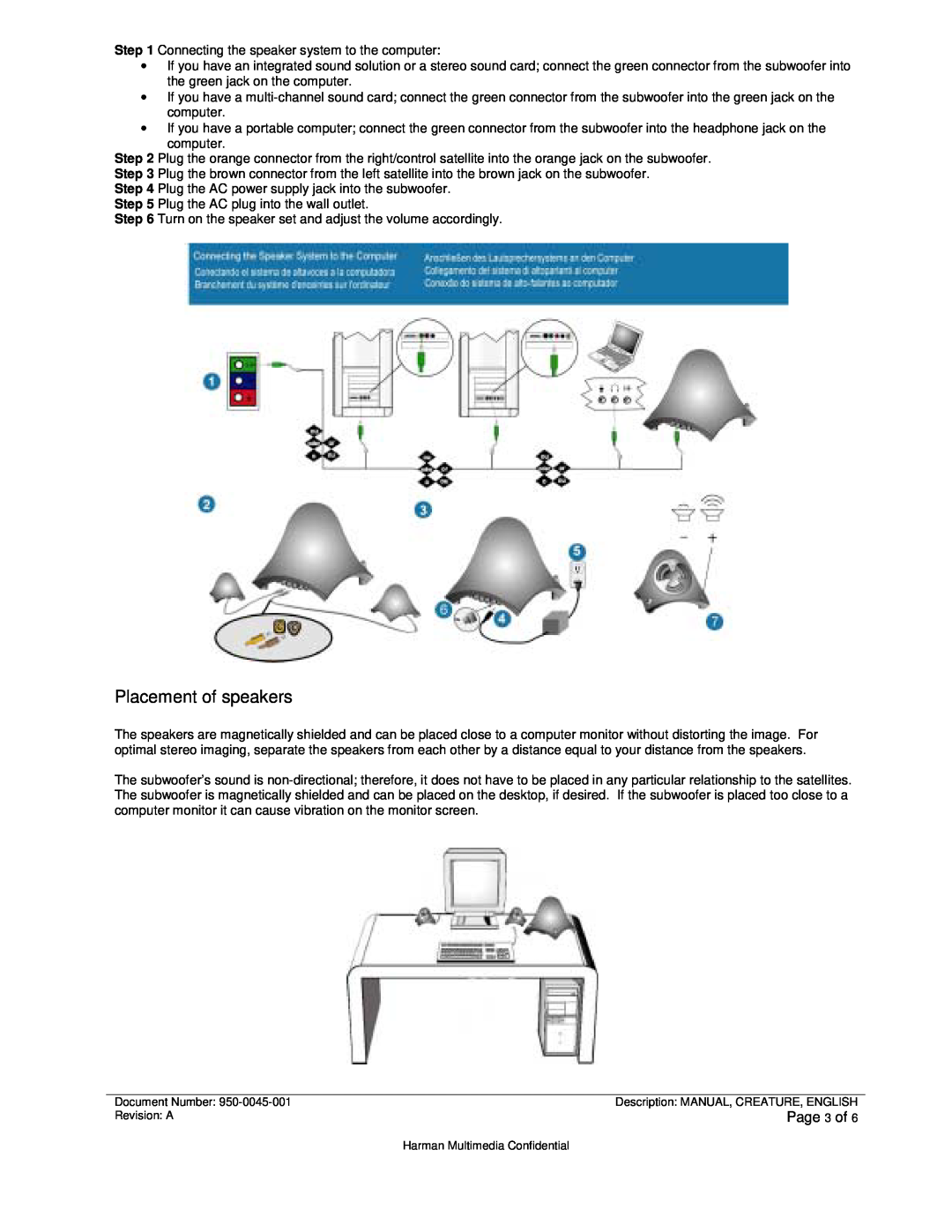JBL CREATURE SELF POWERED SATELLITE SPEAKERS AND SUBWOOFER manual Placement of speakers, Page 3 of 