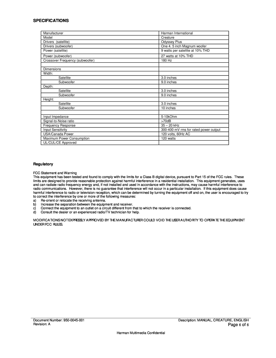 JBL CREATURE SELF POWERED SATELLITE SPEAKERS AND SUBWOOFER manual Specifications, Page 6 of, Regulatory 