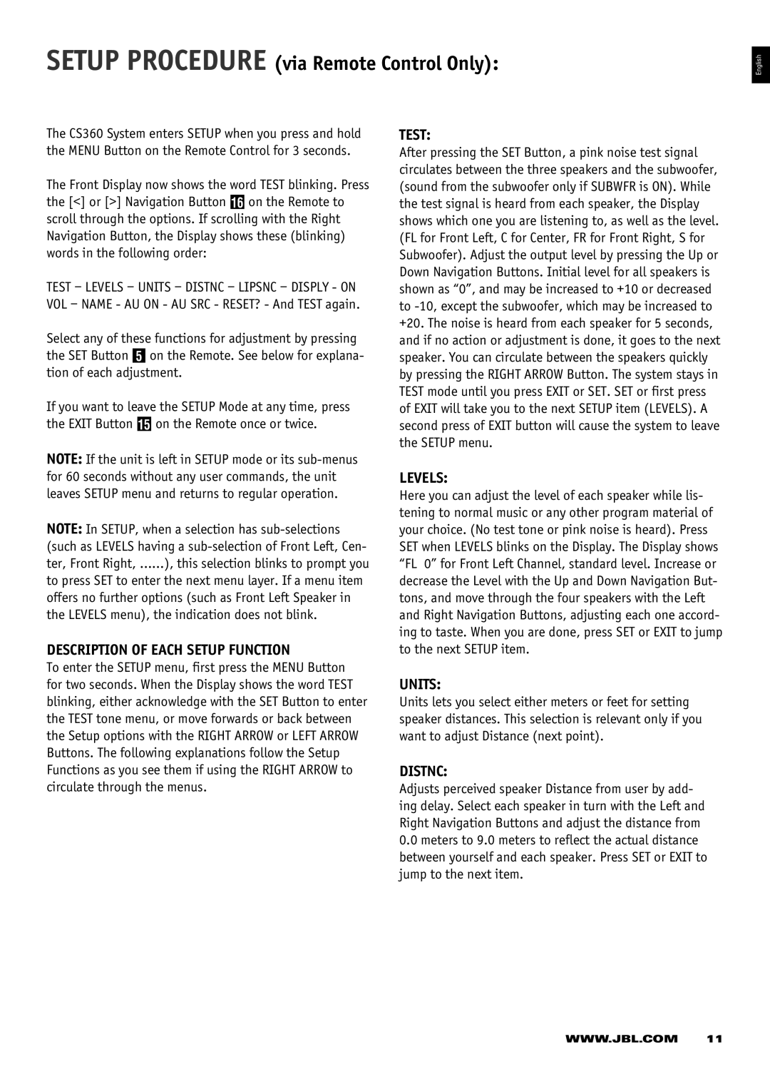 JBL CS 360 Xcite owner manual Setup Procedure via Remote Control Only, Description of Each Setup Function 