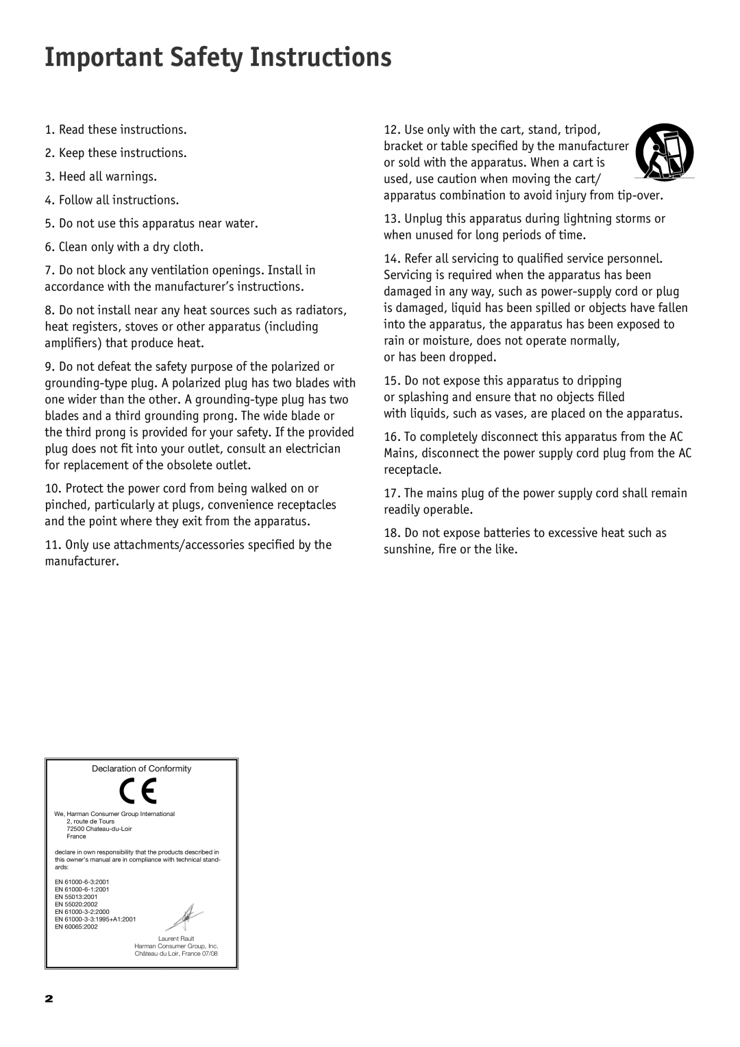 JBL CS 360 Xcite owner manual Important Safety Instructions, Apparatus combination to avoid injury from tip-over 