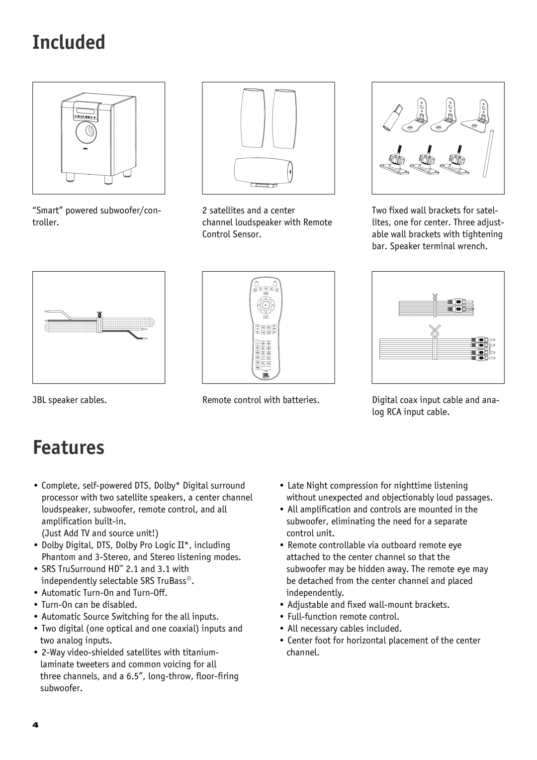 JBL CS 360 Xcite owner manual Included, Features 