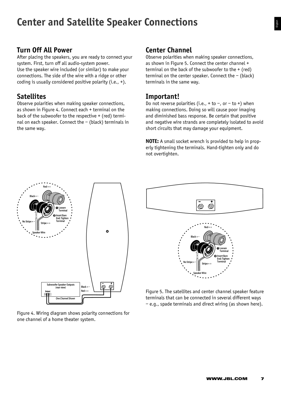 JBL CS 360 Xcite owner manual Center and Satellite Speaker Connections, Turn Off All Power, Satellites 