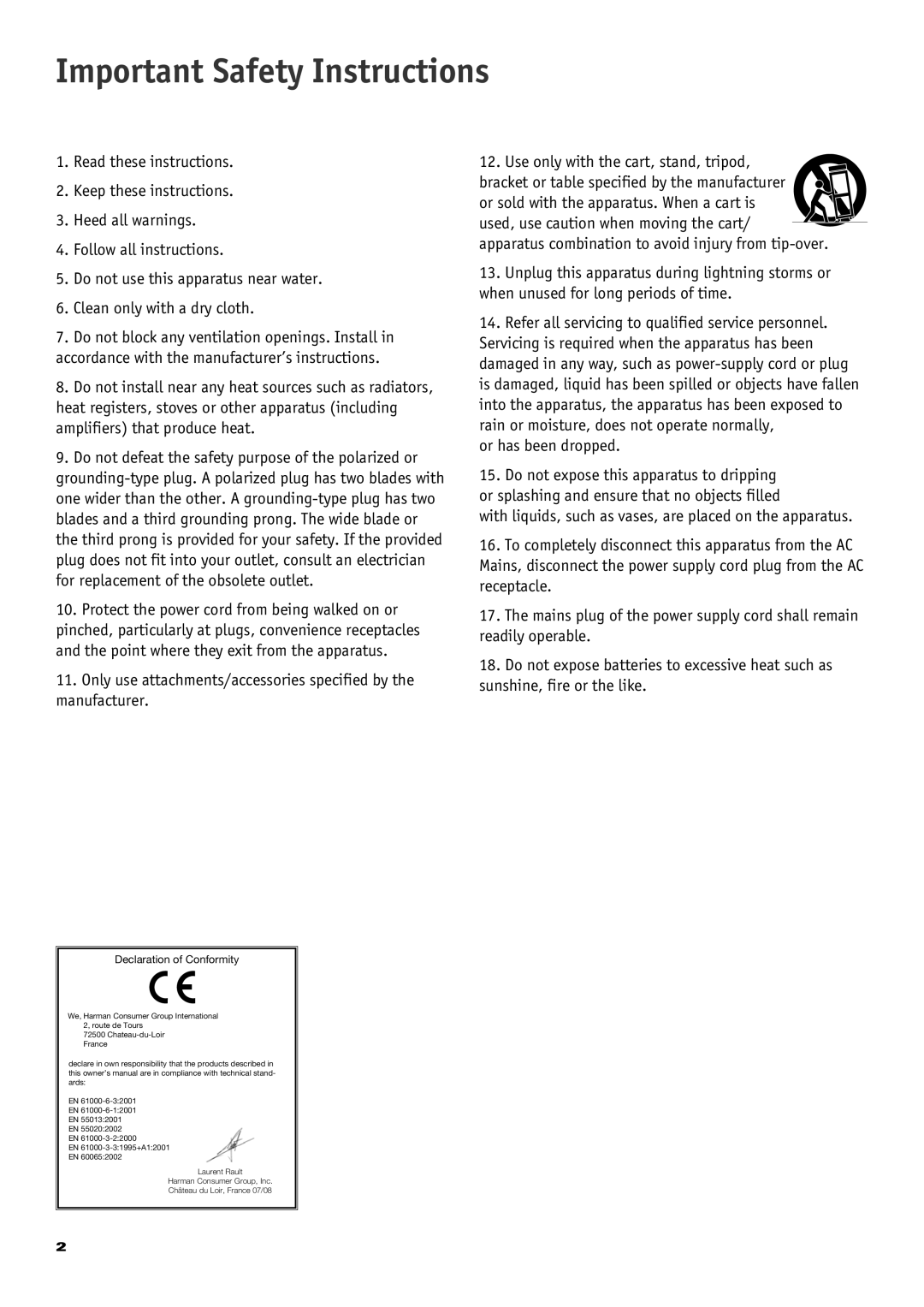 JBL CS 360 Xcite owner manual Important Safety Instructions 