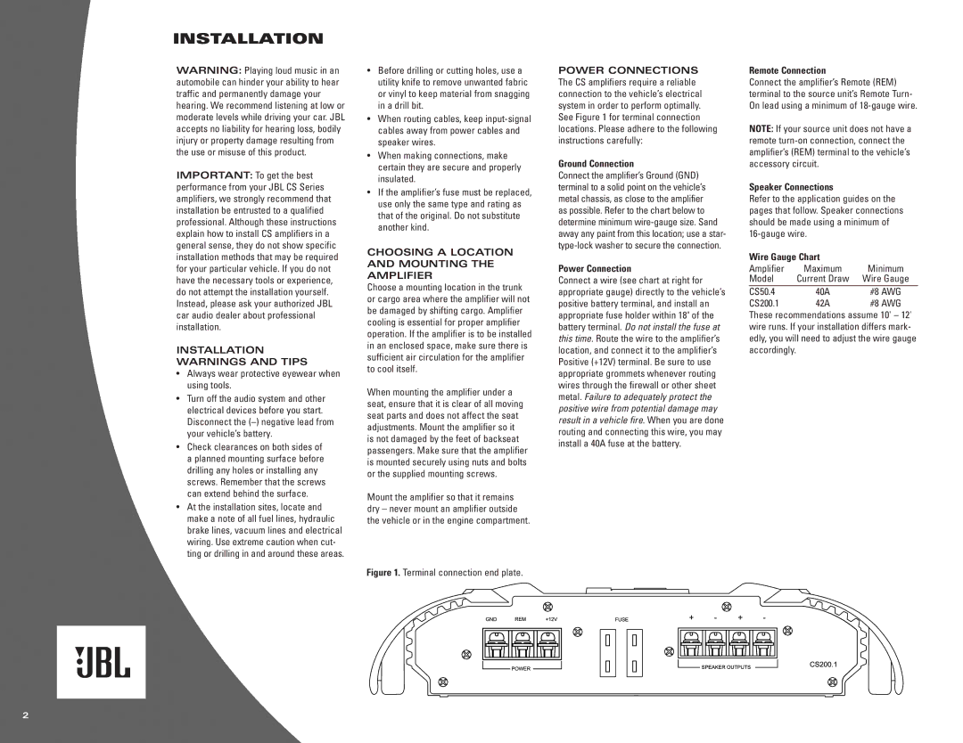 JBL CS Series owner manual Installation Warnings and Tips, Choosing a Location and Mounting the Amplifier 