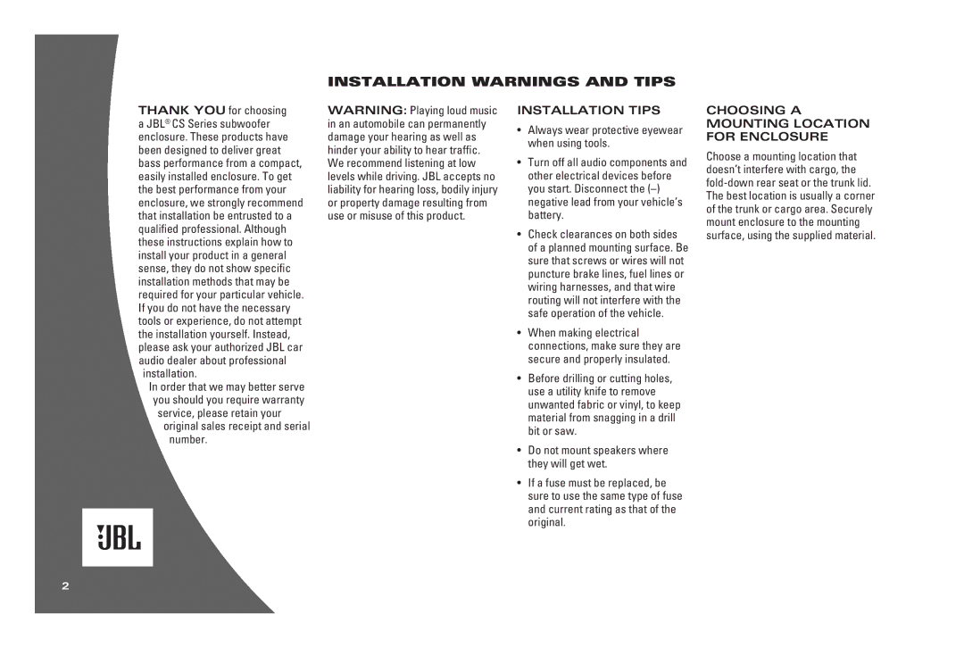 JBL CS1014T, CS1214T owner manual Installation Warnings and Tips, Installation tips 