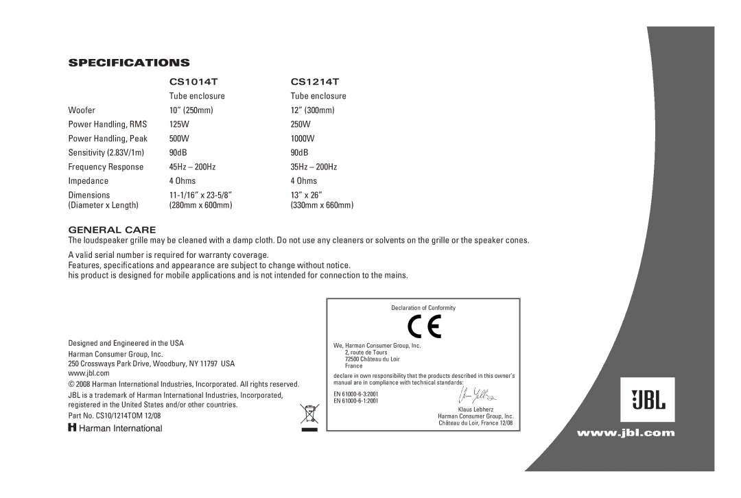 JBL owner manual Specifications, CS1014T CS1214T, General Care 