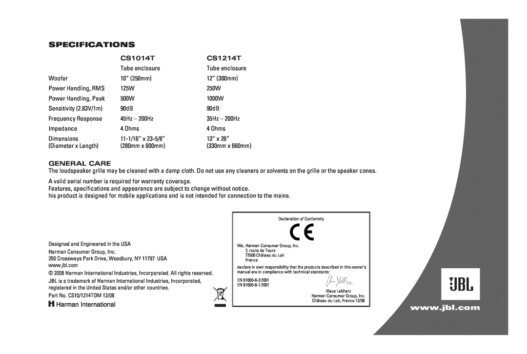 JBL CS1014T owner manual Specifications, CS1214T, General Care 