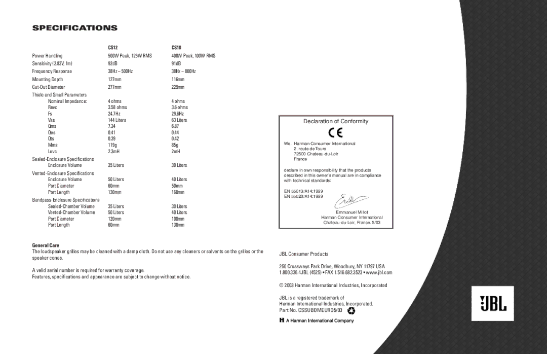 JBL owner manual Specifications, Declaration of Conformity, CS12 CS10, General Care 