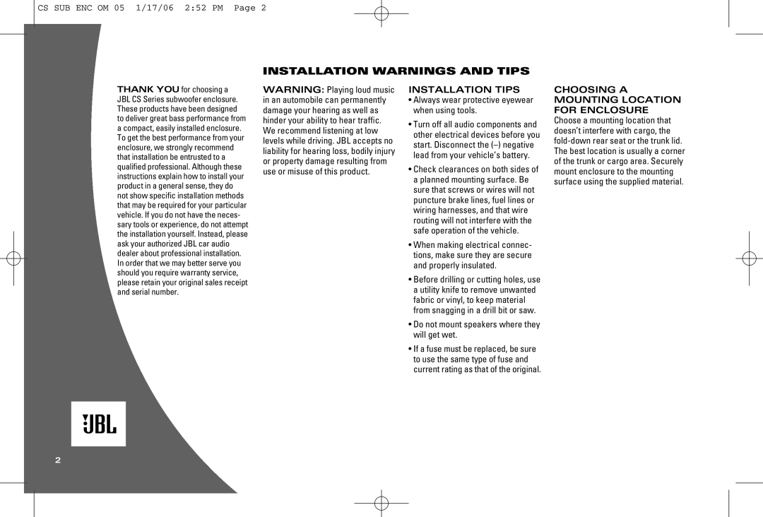 JBL CS1204B, CS1204T owner manual Installation Warnings and Tips, Installation Tips 