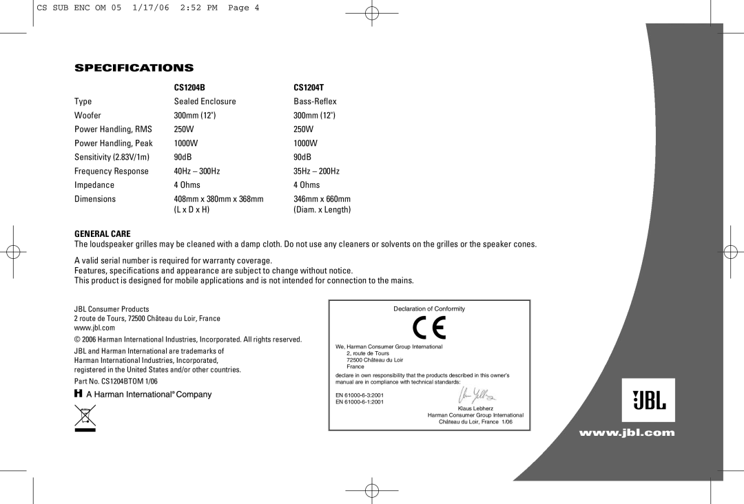 JBL CS1204B, CS1204T owner manual Specifications, General Care 