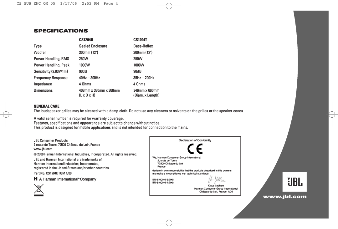 JBL CS1204B owner manual Specifications, CS1204T, General Care 