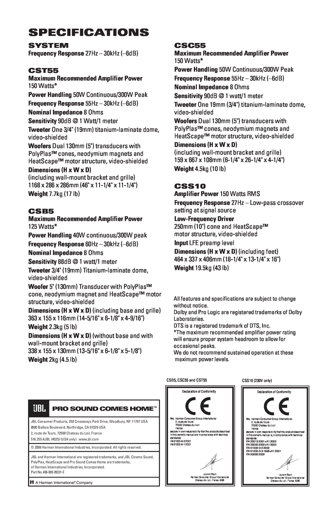 JBL CS1500 manual Specifications 