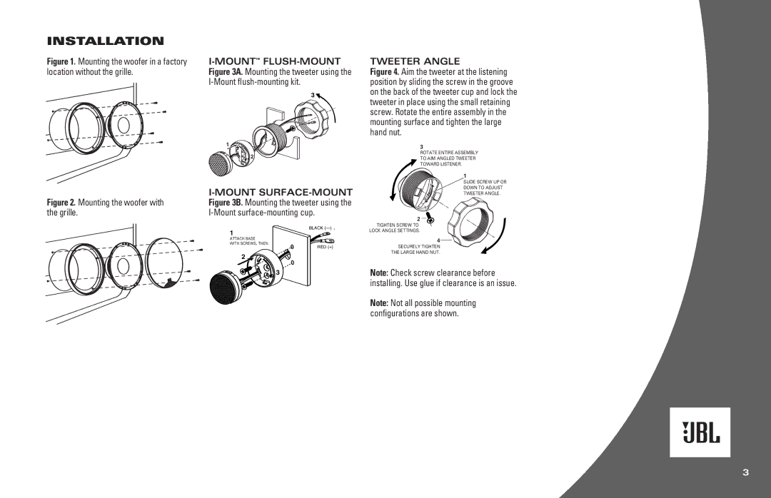 JBL CS2165C owner manual Installation, Tweeter Angle, Mount SURFACE-MOUNT, Grille Mount surface-mounting cup 