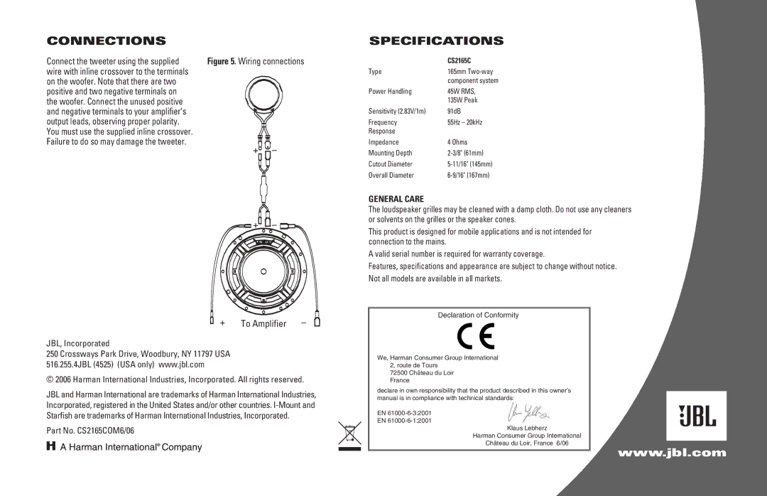 JBL CS2165C owner manual Connections, Specifications, To Amplifier 