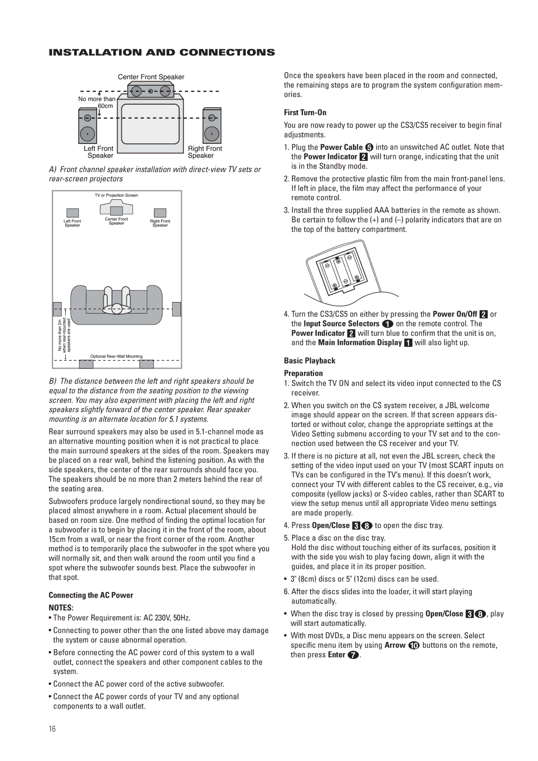 JBL CS3, CS5 manual Connecting the AC Power, First Turn-On, Basic Playback Preparation 