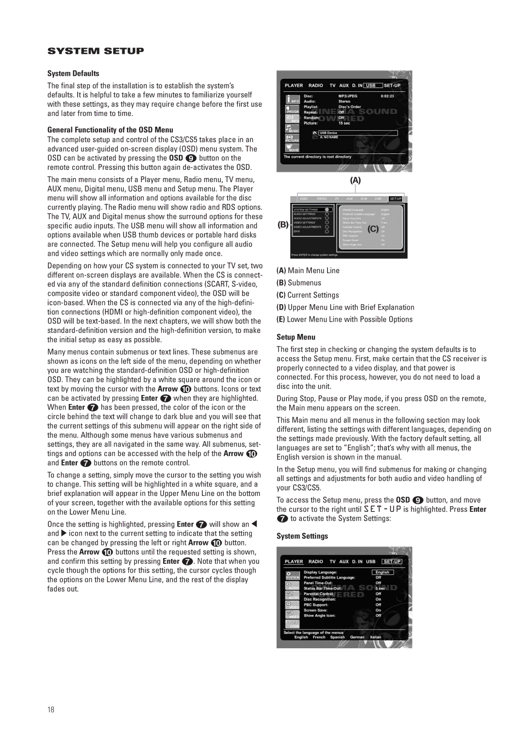 JBL CS3, CS5 manual System Setup, System Defaults, General Functionality of the OSD Menu, Setup Menu, System Settings 