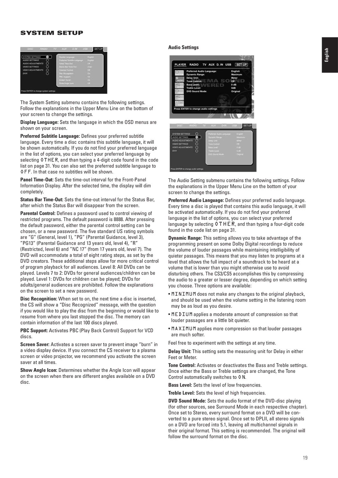 JBL CS5, CS3 manual Audio Settings 