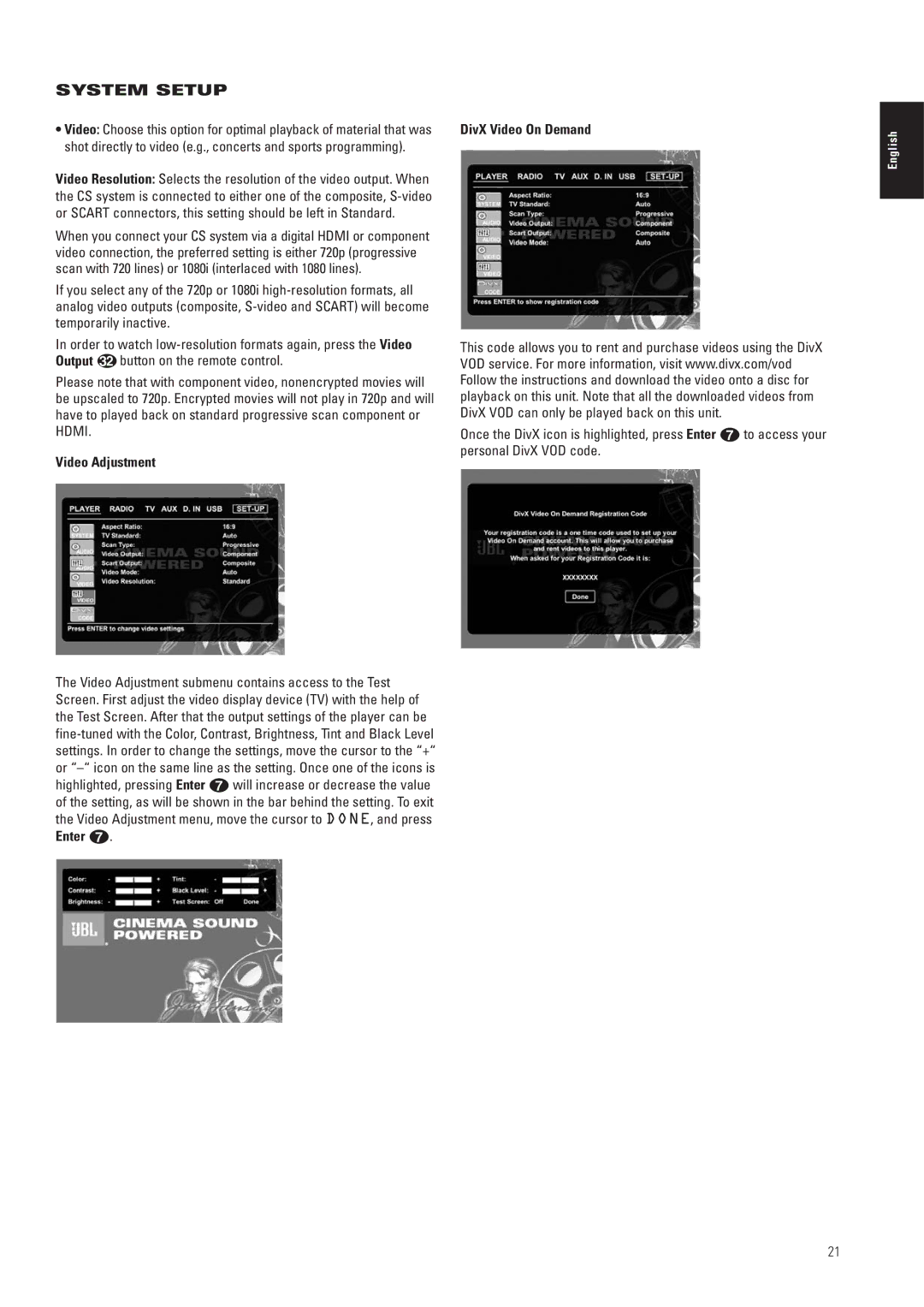 JBL CS5, CS3 manual Video Adjustment, DivX Video On Demand 