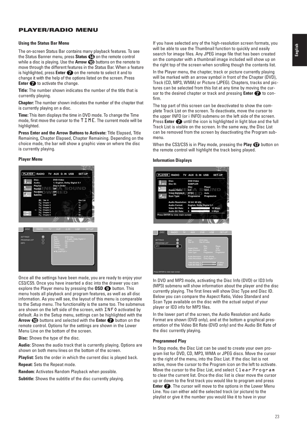 JBL CS5, CS3 manual PLAYER/RADIO Menu, Using the Status Bar Menu, Disc Shows the type of the disc, Information Displays 