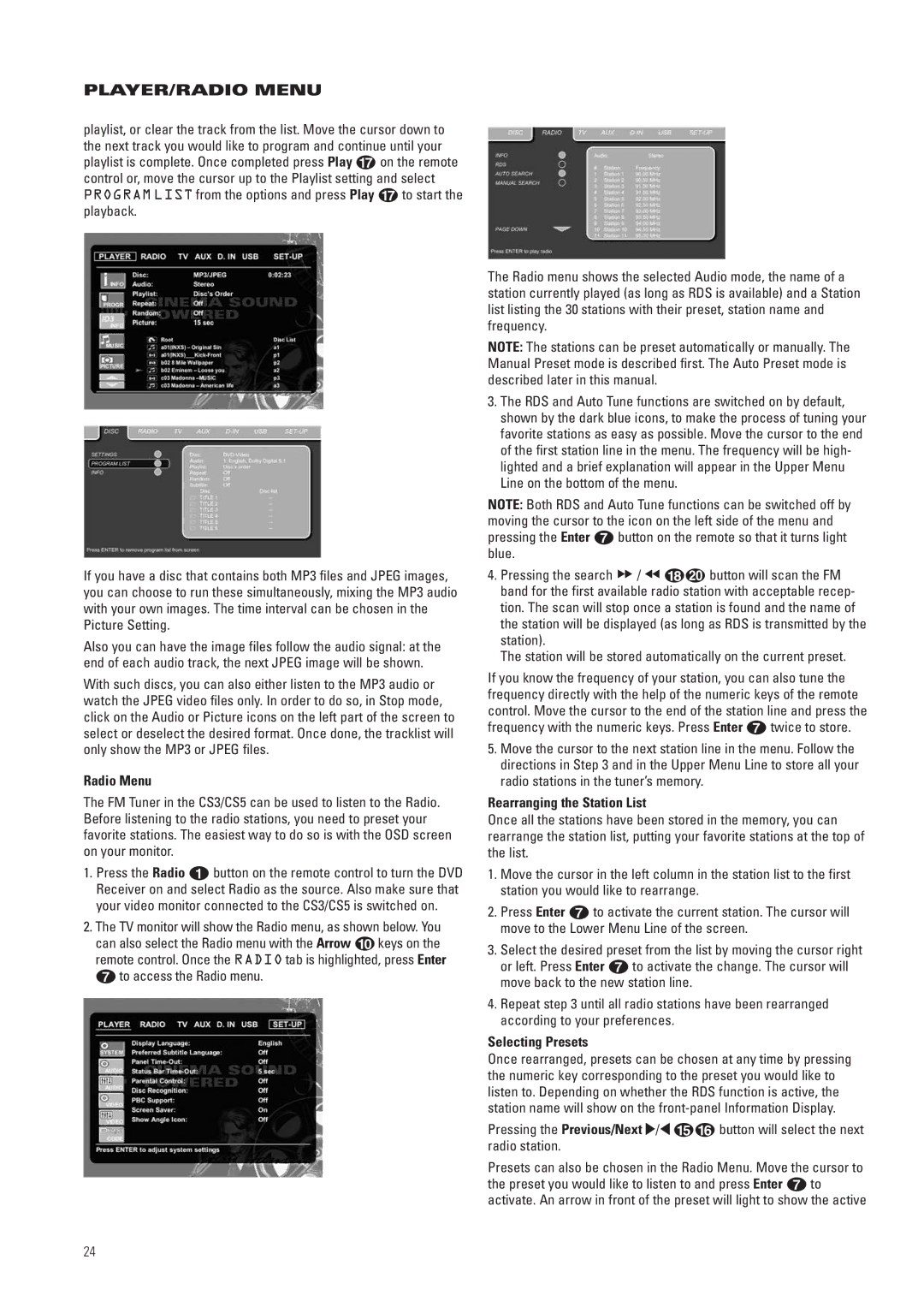 JBL CS3, CS5 manual Radio Menu, Rearranging the Station List, Selecting Presets 