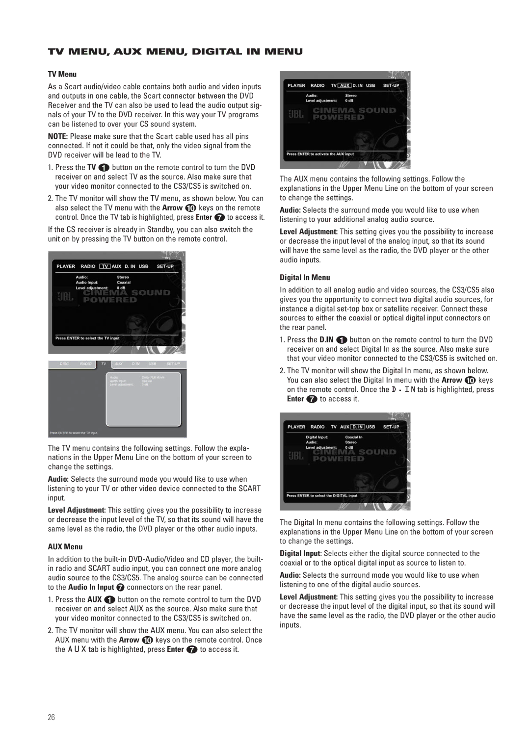 JBL CS3, CS5 manual TV MENU, AUX MENU, Digital in Menu, TV Menu, AUX Menu, Digital In Menu 